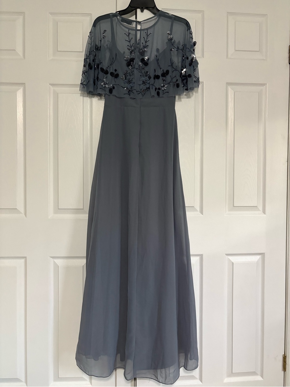 Mac Duggal Slate-Blue Embroidered Cape Gown